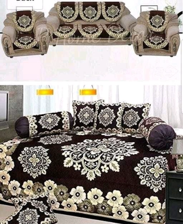Kanha Décor presents Chenille attractive designer Diwan set which contain 1 bedsheet , 2 bolster with 5 cushion cover & 10 pcs set sofa cover - Free Size, Chenile, Multipack:1